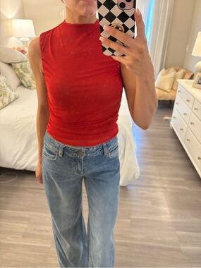 ❤️ Miaou Cam Top - Red Mesh Ruched Mock Neck ❤️
